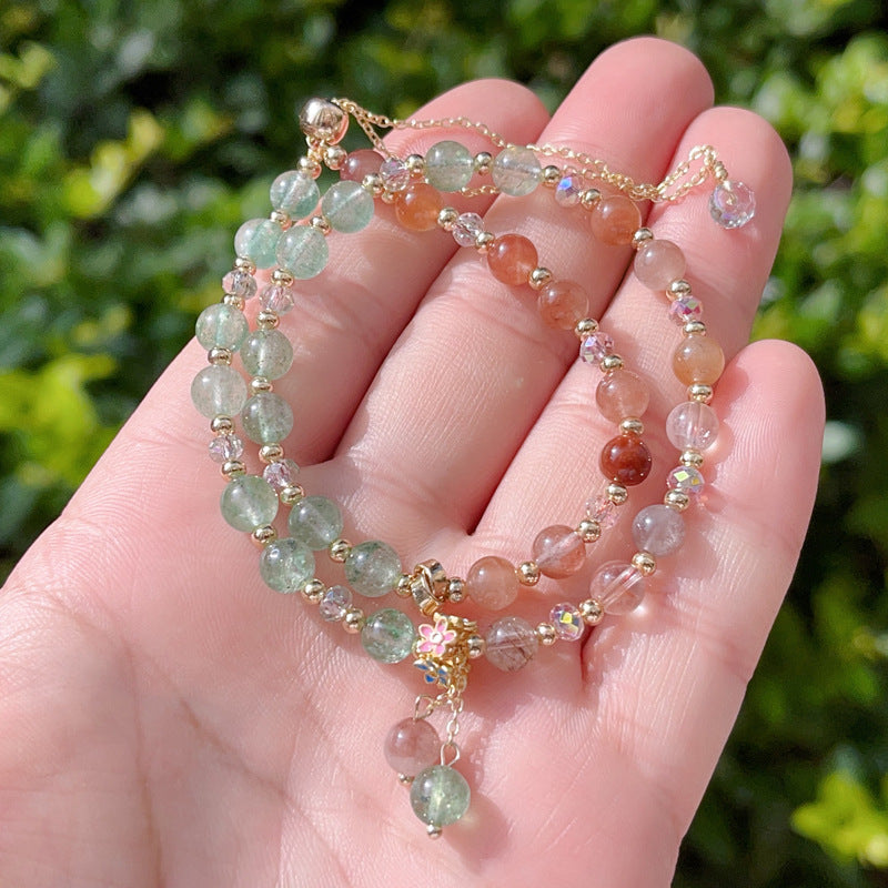 G19 Natural Green Strawberry Stone & Tangerune Quartz Double Bracelet 6mm/14k medal