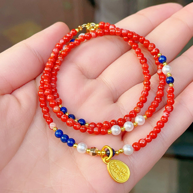 G25 Natural Lapis Lazuli/South Red Agate Triple Bracelet 3-4mm/14k medal